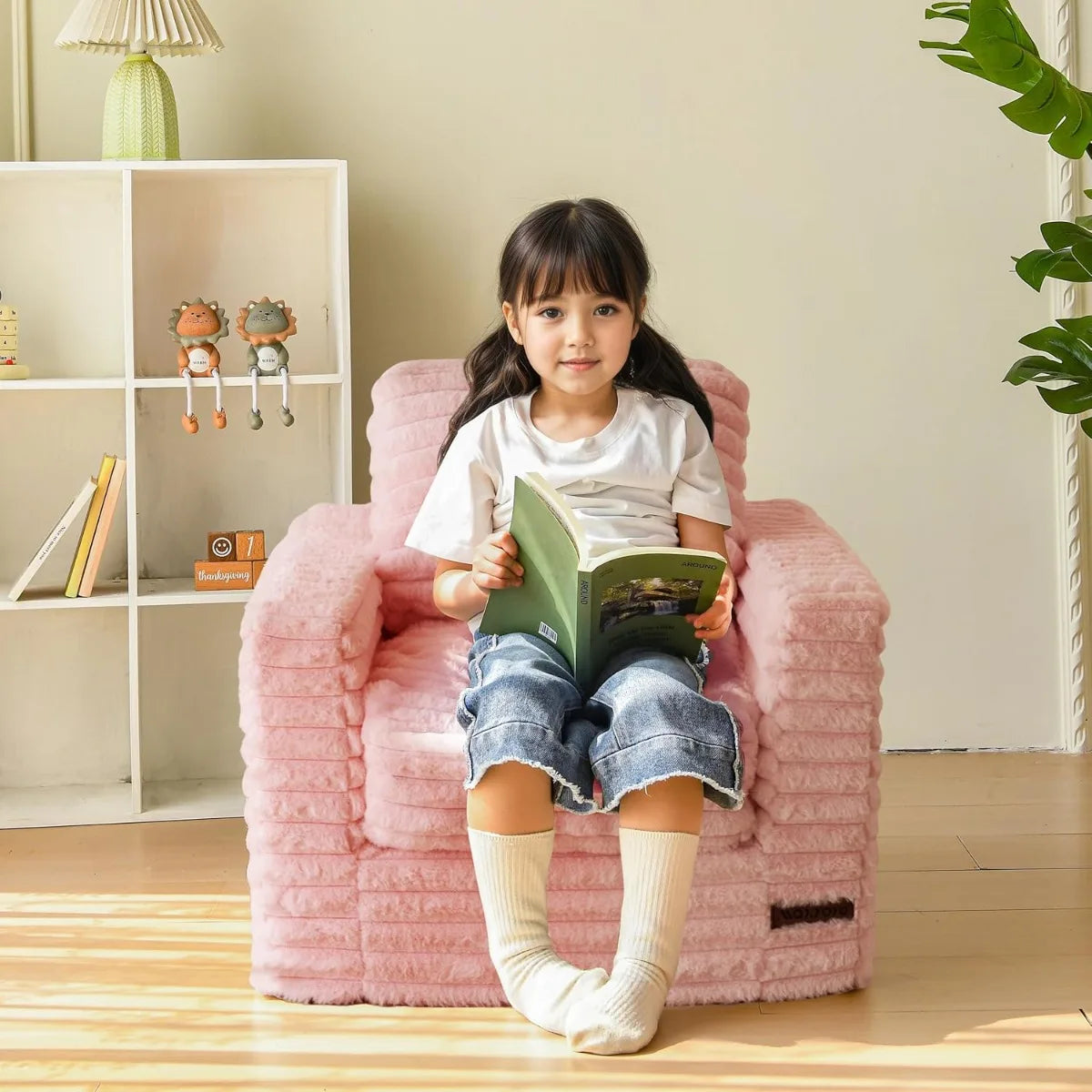 Kids Bean Bag Chair, Comfy Faux Fur Bean Bag Sofa with Filler, Upholstered Floor Sofa with Pillows and Armrests, Lazy Floor Chai