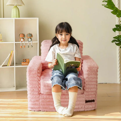 Kids Bean Bag Chair, Comfy Faux Fur Bean Bag Sofa with Filler, Upholstered Floor Sofa with Pillows and Armrests, Lazy Floor Chai