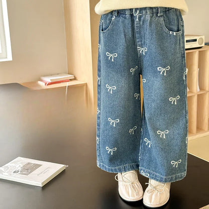Childrens Clothing 2024 Autumn New Korean Bow Loose Jeans Trendy Girls Cute Clothes Teenage Girls Clothing