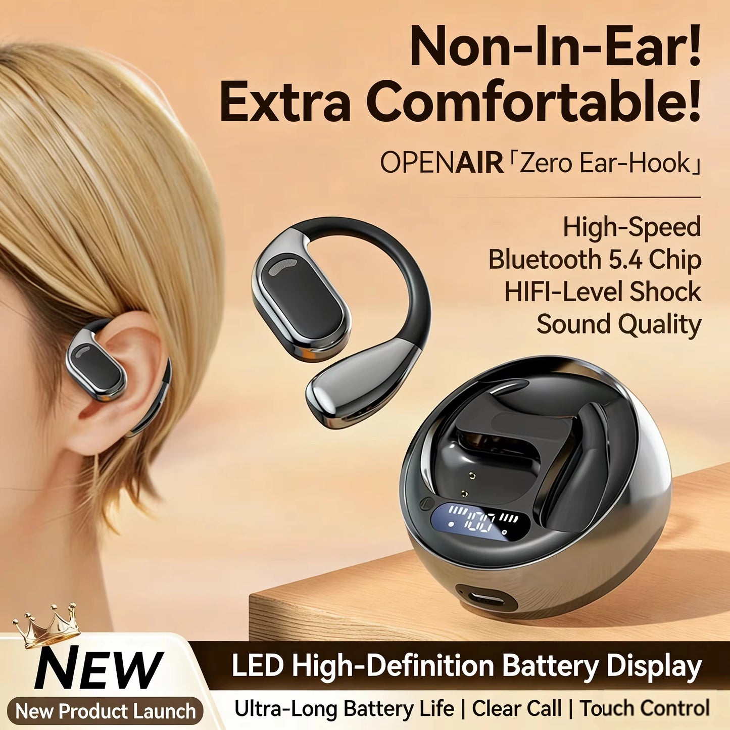 Open Ear Earbuds Wireless Earbuds Bluetooth 5.4,LED Display Bluetooth Earphone,AI Noise Reduction Touch Controls,72hr Playtime