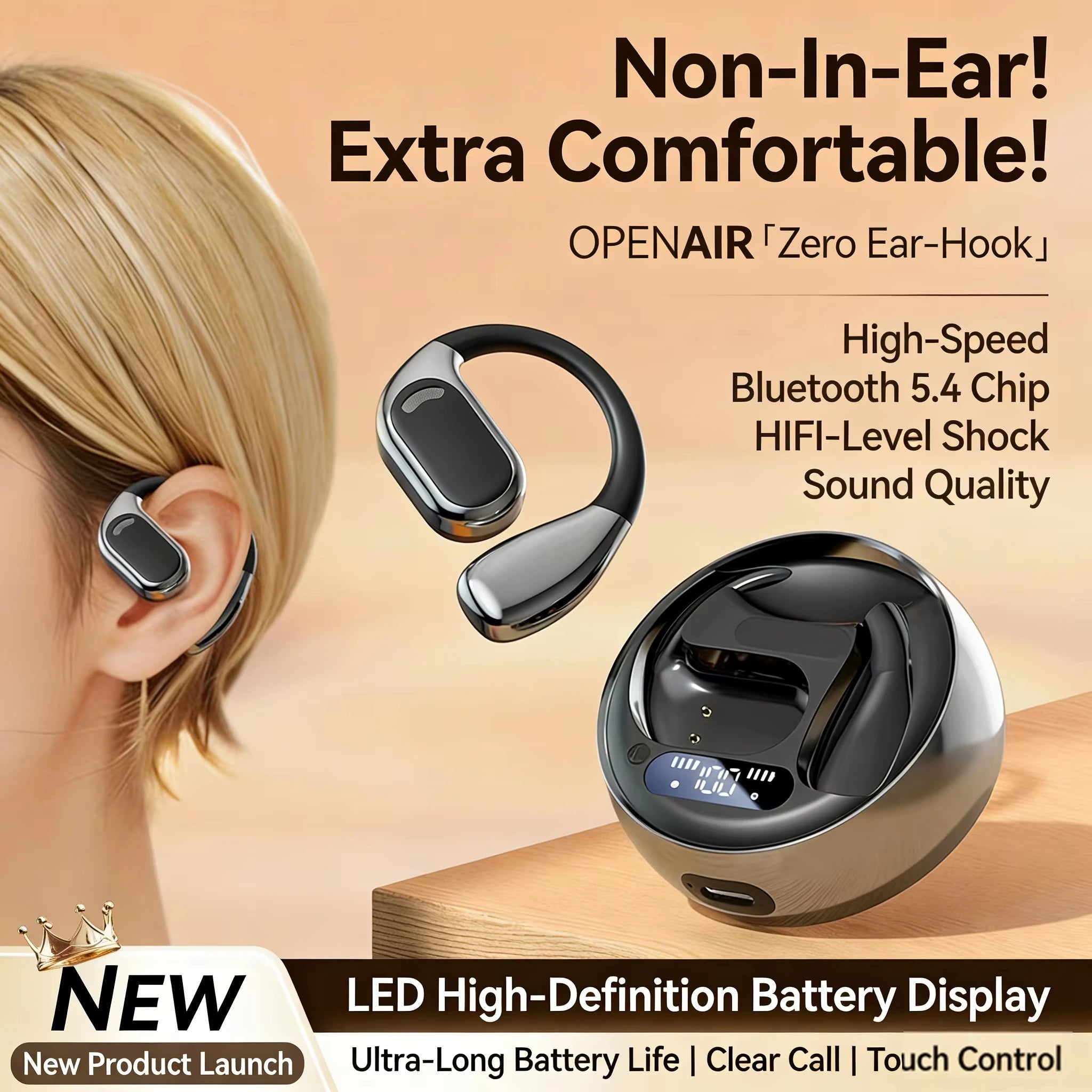 Open Ear Earbuds Wireless Earbuds Bluetooth 5.4,LED Display Bluetooth Earphone,AI Noise Reduction Touch Controls,72hr Playtime