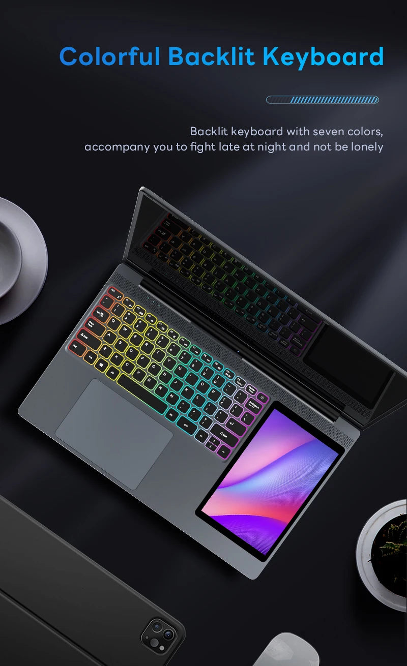 15.6"+7" Dual Screen Laptop Intel Celeron N100 32GB 16GB DDR4 RGB Backlit Keyboard Computer Notebook Laptops Touch Screen