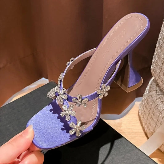 2024 New Summer Silver High Heels Women'S Crystal Flower Slippers Summer Beach Shoes