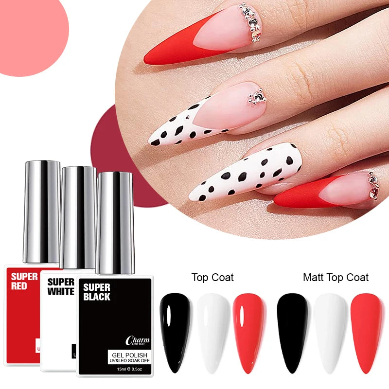 15ml Classic Gel Nail Polish, Vibrant Black, White Red Shades Varnish Easy Soak Off UV LED Nail Gel for Home Salon & DIY Nail Art