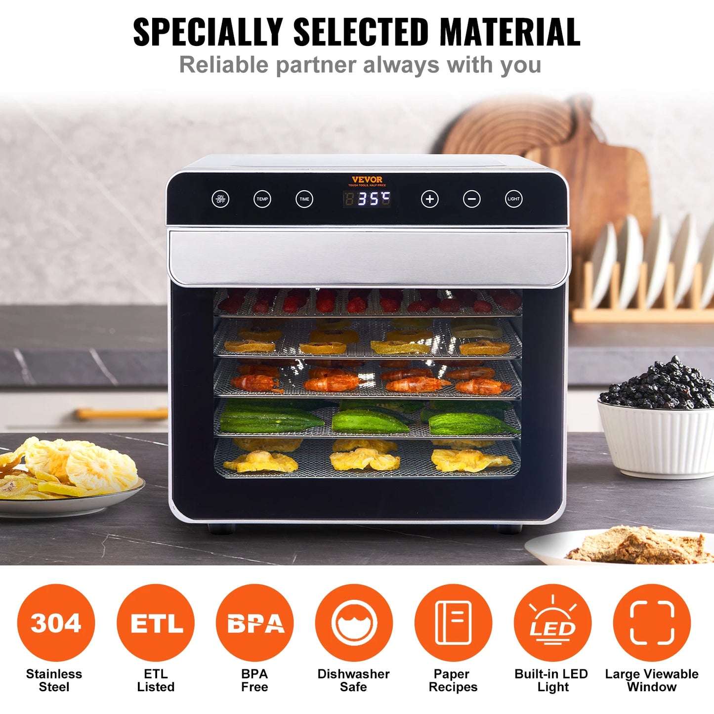 SucceBuy 6 Trays Food Dehydrator Machine 700W Stainless Steel Electric Food Dryer w/ Digital Adjustable Timer & Temperature