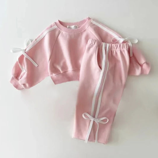 Girls Korean version Spring New Long Sleeve Clothes Set Baby Girls Bow patchwork pure cotton Casual 2pcs Suit Kids Sports Outfit