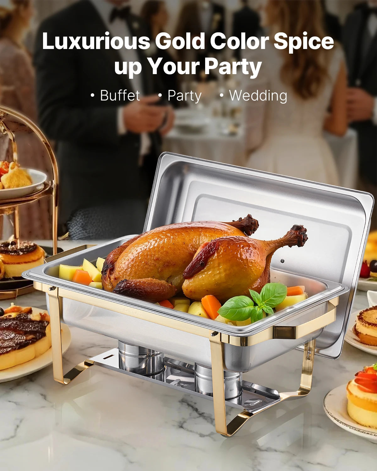 SucceBuy 8 Qt 4 Pack Chafing Dish Buffet Set Stainless Steel Chafer with 2 Full Size and 4 Half Size Pans Catering Warmer Server - Merit Sell