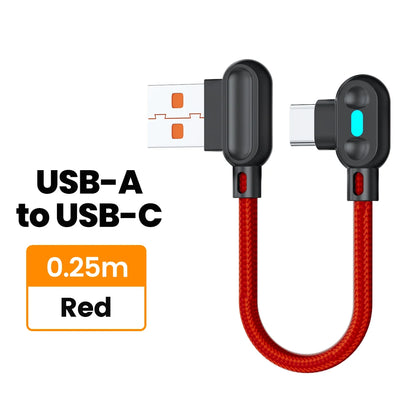 100W USB To Type C Fast Charging Cable 90° Double Elbow Bend Mobile Game Fast Charging Cable For Xiaomi Huawei With LED 0.25m/1m