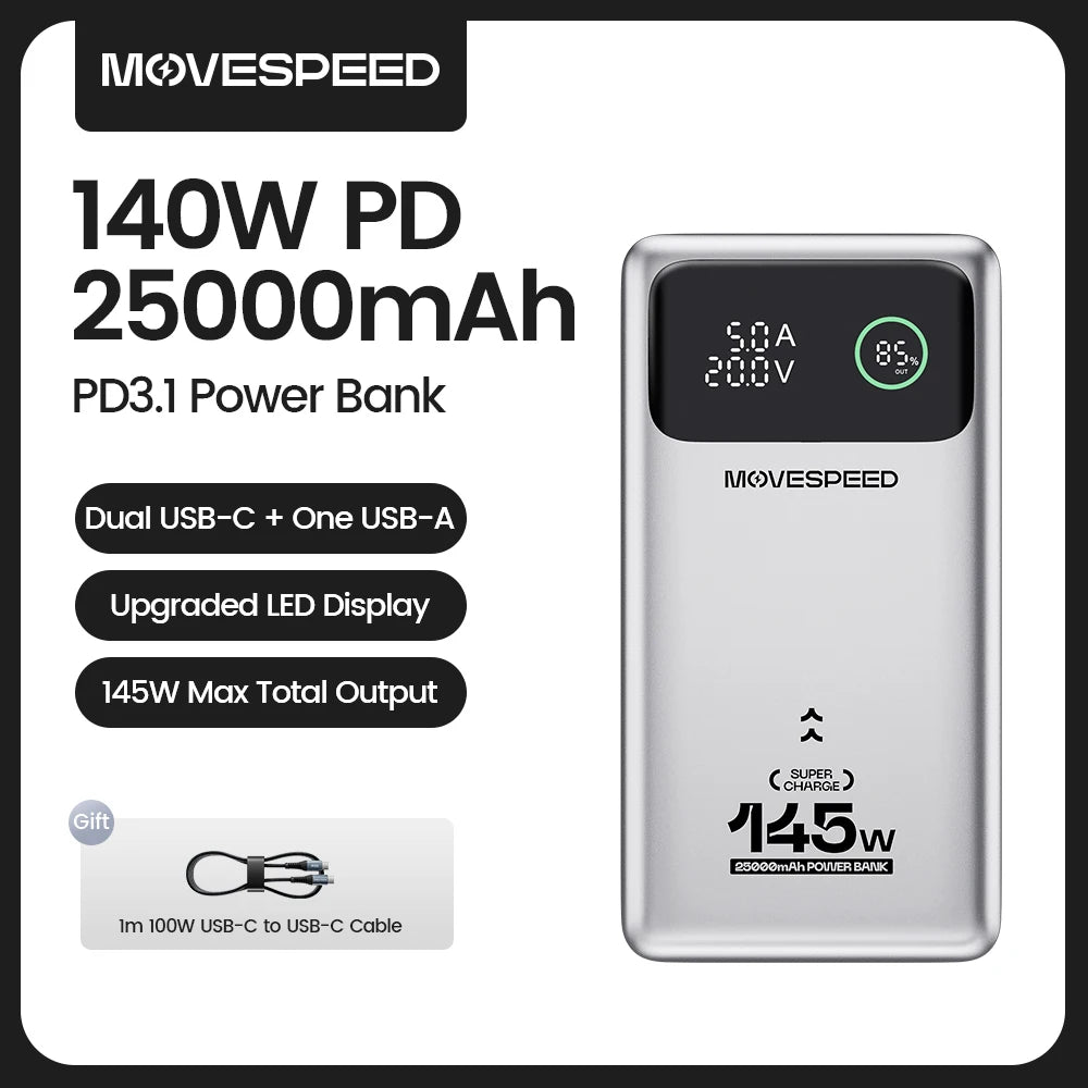MOVESPEED M25 Pro 140W Power Bank 25000mAh PD3.1 USB-C Fast Charging Powerbank Portable External Battery for MacBook Dell Laptop