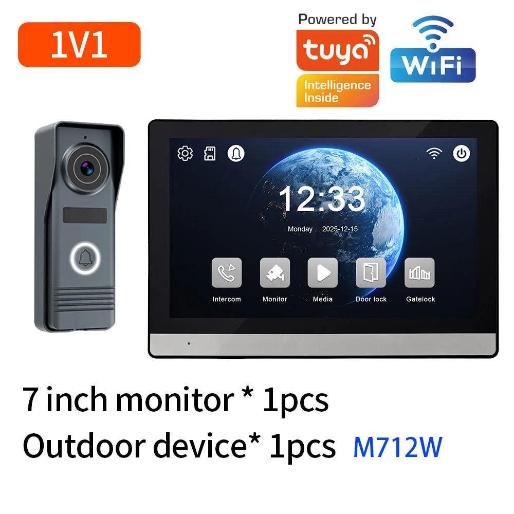 2-Wire Digital Video Intercom System 7 Inch Wireless WIFI APP Monitor 1080P Doorphone Camera Video Doorbell Card work with tuya