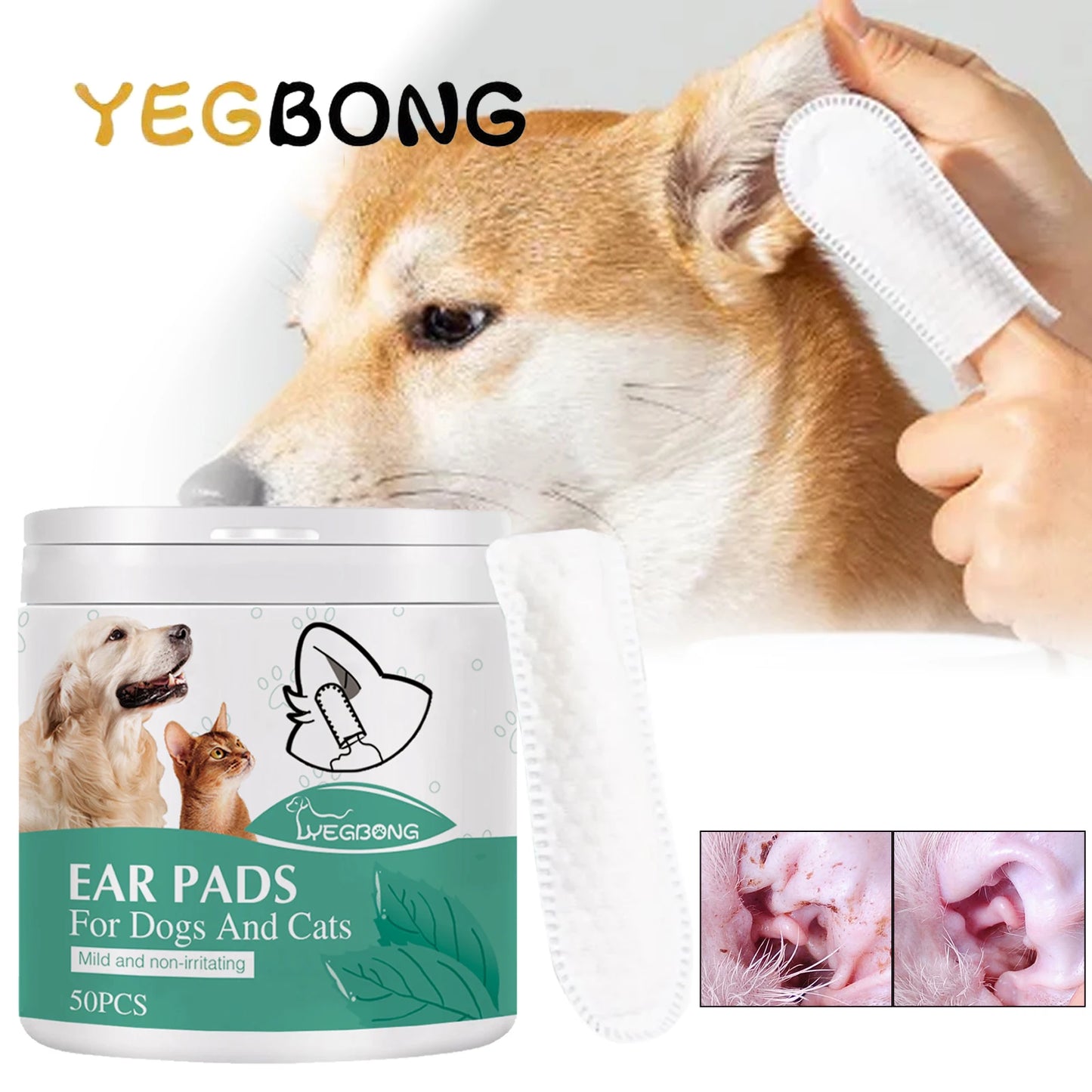 YEGBONG 50pcs Hypoallergenic Pet Ear Cleaning Finger Sleeves Pre Soaked Gentle Solution for Dogs and Cats Mite Control Ear Debri