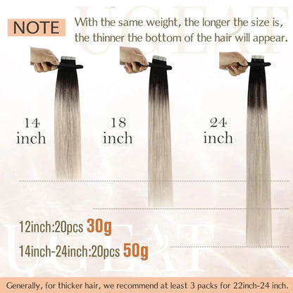 Ugeat Tape in Hair Extensions Balayage Natural Black to Ash Blonde Tape in Hair Extensions Platinum Blonde Tape in Hair for Wome