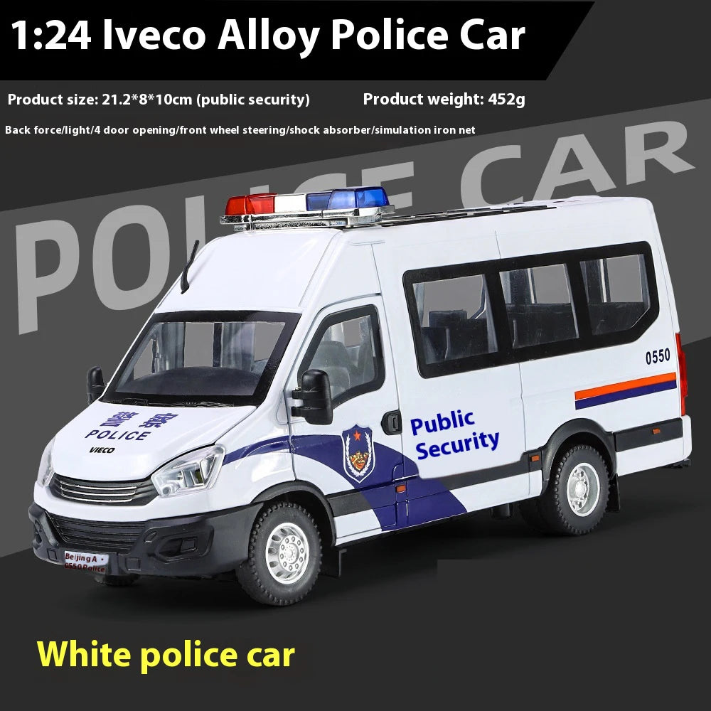 1:24 Scale IVECO Police Alloy Car Diecast Metal Model Sound & Light Pull Back Toy Interior Ornaments Children Toy Gifts Doiplay