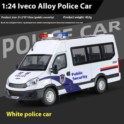 1:24 Scale IVECO Police Alloy Car Diecast Metal Model Sound & Light Pull Back Toy Interior Ornaments Children Toy Gifts Doiplay