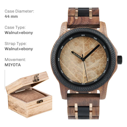 BOBO BIRD Men's Wood Watch with Genuine Leaf, Original Wooden Clock, Customized Watch, Handmade Watch, Anniversary Gift for Man
