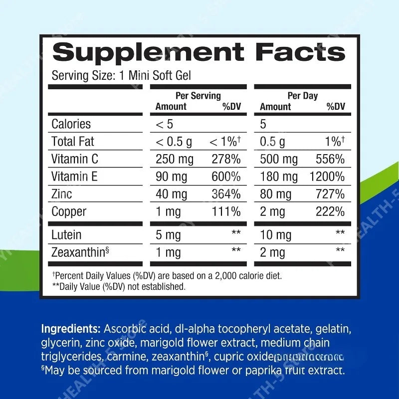 AREDS 2 Eye Vitamins Lutein and Zeaxanthin Supplement with Vitamin C, Vitamin E, Zinc, and Copper, 120 Softgels (Minigels)