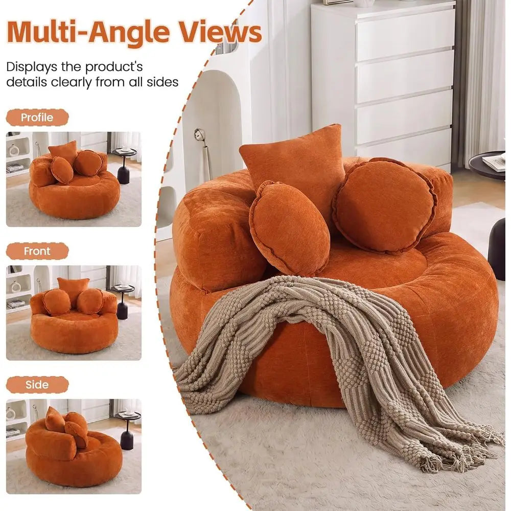 Oversized Round Sofa Chair in Orange Chenille, Deep Seated Cloud Couch, Bean Bag Accent Chair for Living and Bedroom