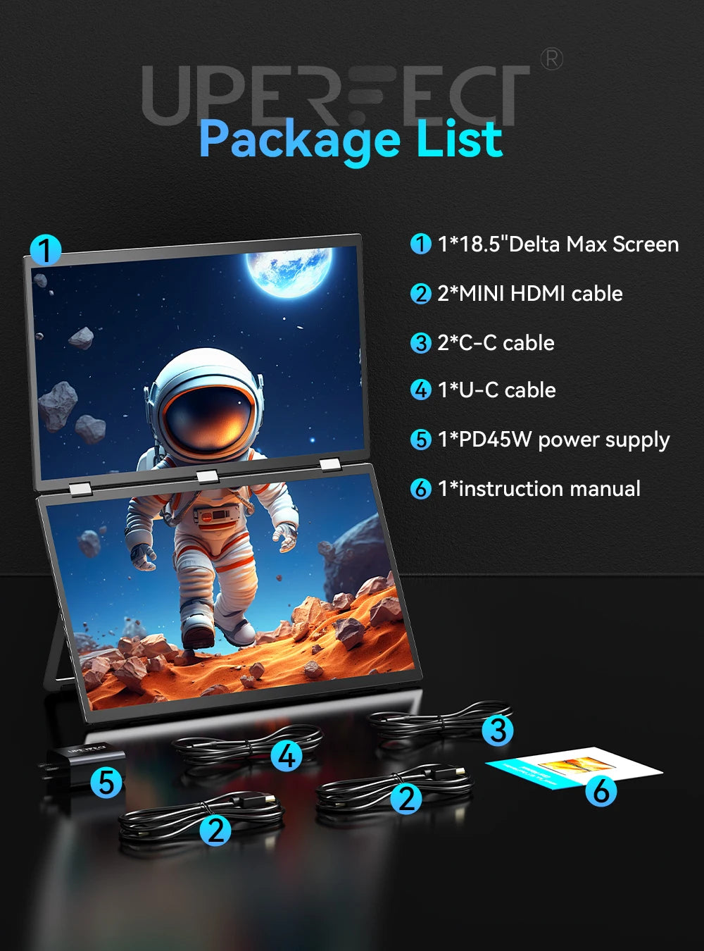 UPERFECT 18.5”100HZ Delta Portable Dual TouchScreen Monitor FHD HDR 360°Rotation Folding Triple Screen Laptop Display Extender