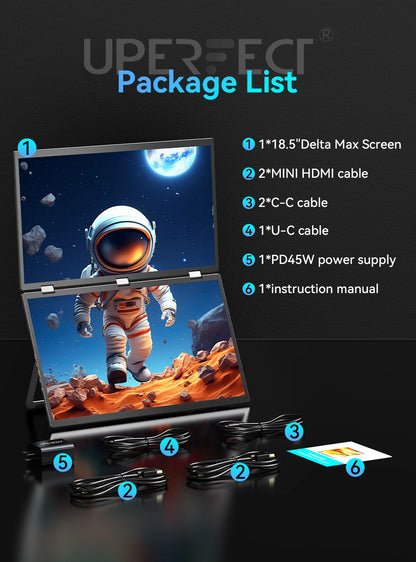 UPERFECT 18.5”100HZ Delta Portable Dual TouchScreen Monitor FHD HDR 360°Rotation Folding Triple Screen Laptop Display Extender