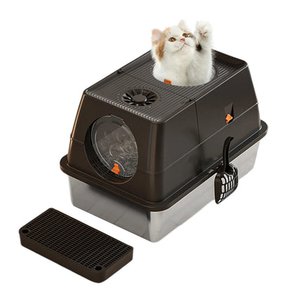 Stainless Steel Cat Litter Box with Lid Large Enclosed High Sided Litter Box Carbon Filters Easy Cleaning Anti-Urine Leakage