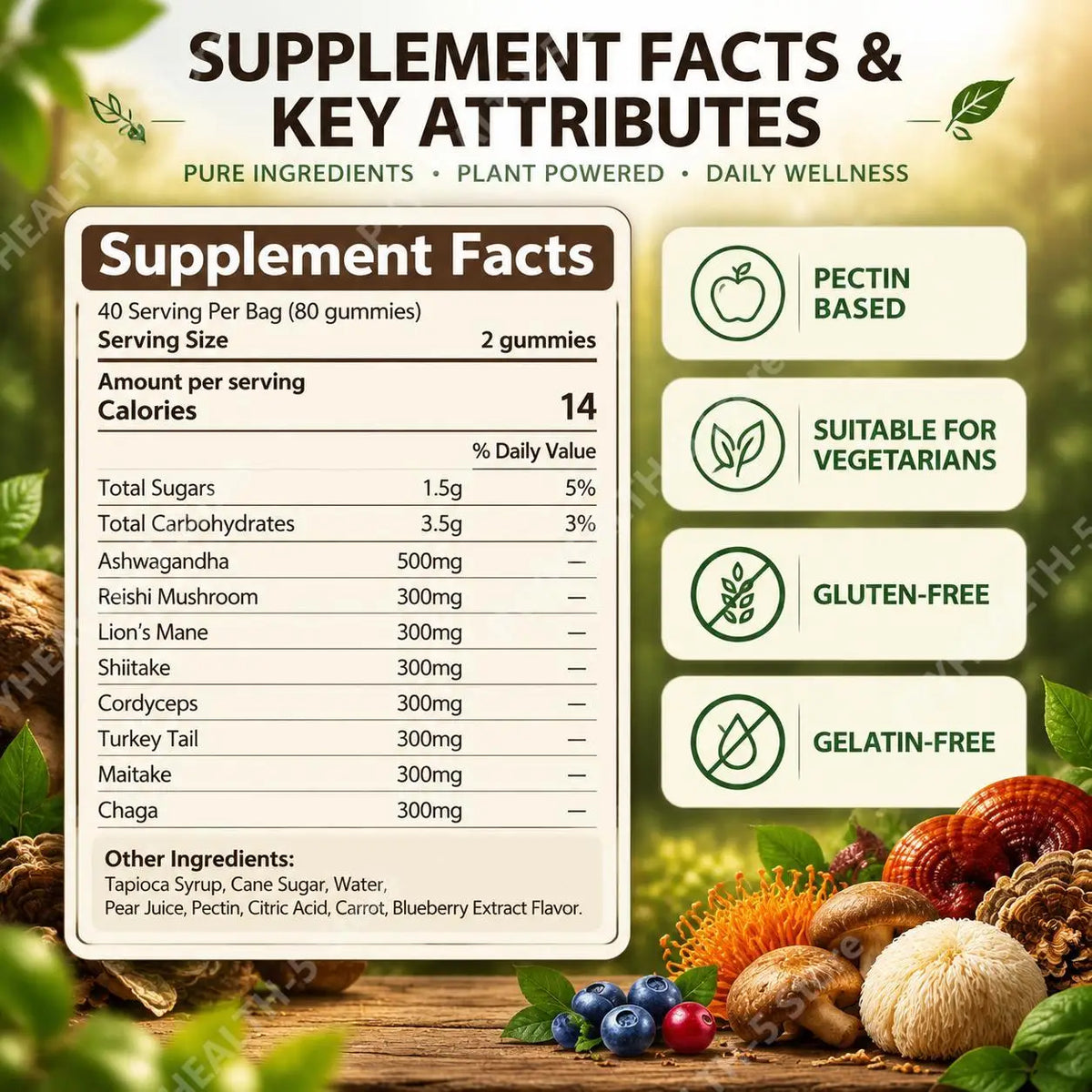 Mushroom Complex Gummies 2500mg Blend with Lion's Mane Reishi Chaga Cordyceps & Ashwagandha for Brain Focus Memory Clarity 80 Ct