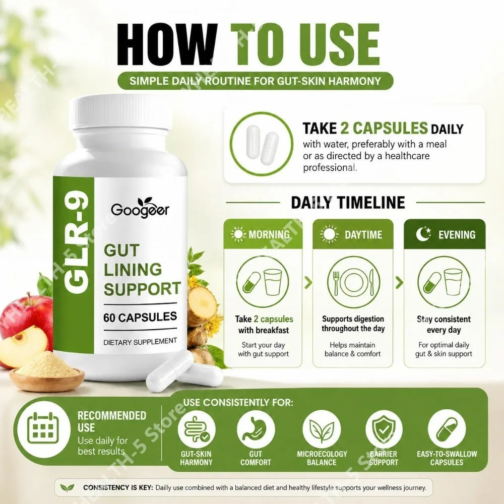 Googeer Gut Lining Support Capsules with Apple Cider Vinegar Powder, Inulin Fiber, Enzyme Blend and Probiotics 60 Capsules