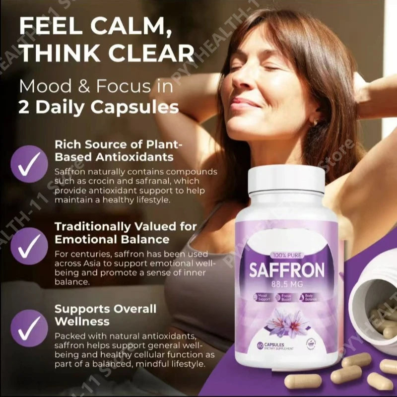 100% Saffron Capsules 88.5mg Crocus Sativus L Flower Extract with Crocin Safranal Natural Plant Extract Daily Health Supplement