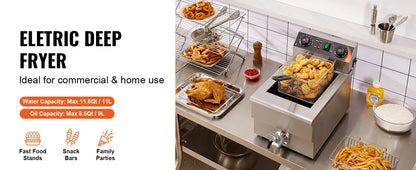 VEVOR Commercial Deep Fryer Electric Countertop Fryer with Basket 11.6Qt Stainless Steel Single Oil Fryer w/Time & Temp Control