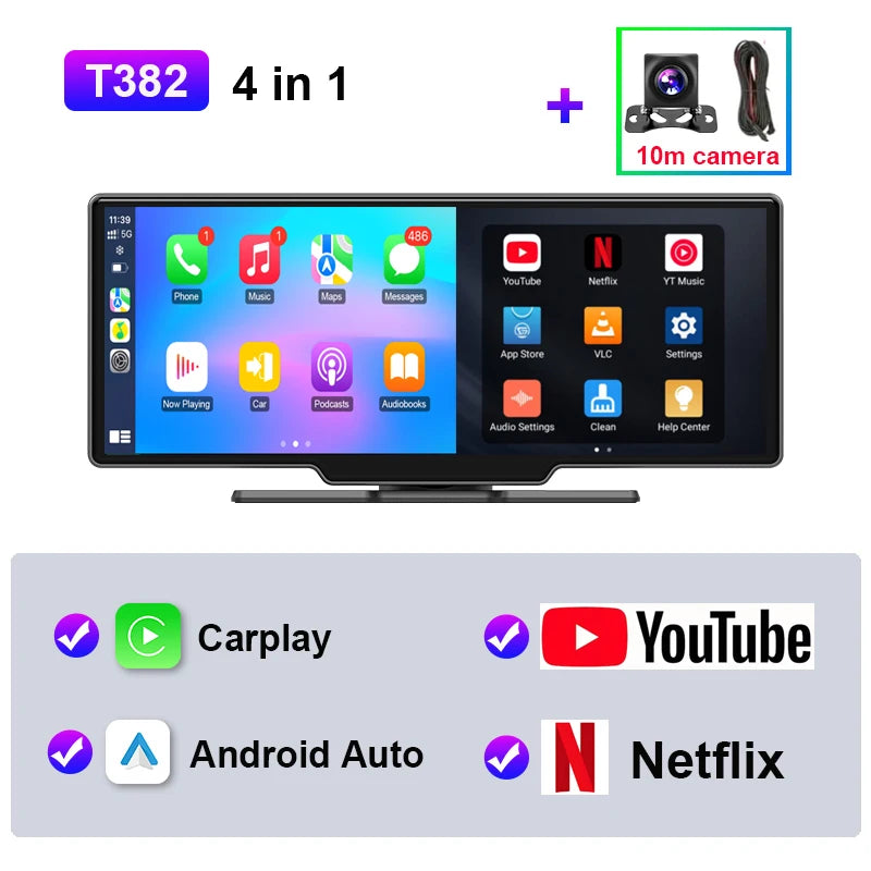 JMCQ Universal 10.26" Android WIFI Car Multimedia Player Bluetooth Wireless Carplay auto Monitor Screen for YouTube for Netflix