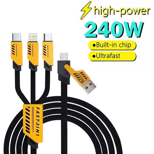 3 In 2 240W Fast Charging Cord For Micro USB Type C Charger Cable 1.2m Multi Usb Port Multiple Usb Charg Cord For iphone huawei - Merit Sell