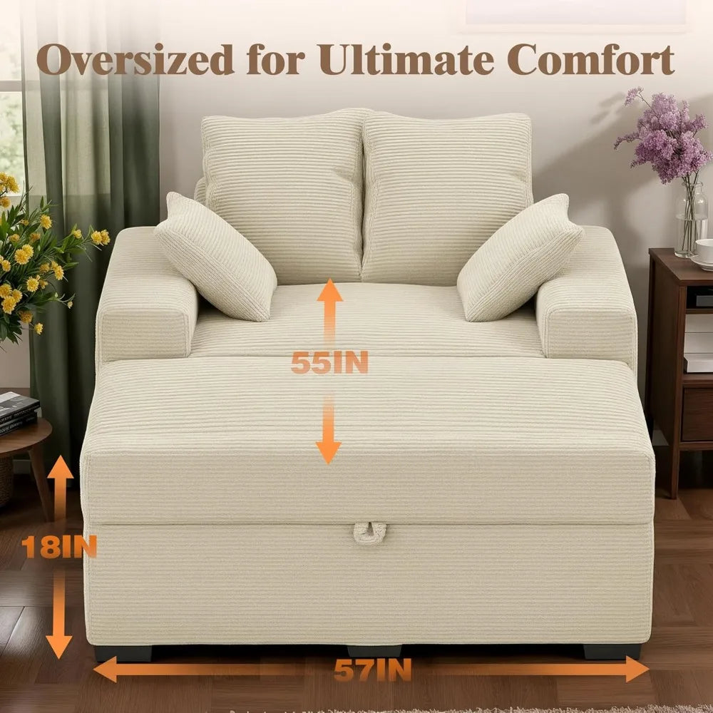 Oversized Chaise Lounge Chair with Storage Ottoman, 60" Corduroy Sofa with 4 Pillows, Wide Armrests for Living Room