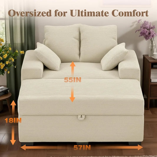 Oversized Chaise Lounge Chair with Storage Ottoman, 60" Corduroy Sofa with 4 Pillows, Wide Armrests for Living Room Merit Sell