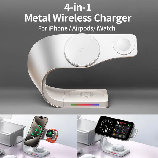 Wireless Charger Stand Metal Shell Magnetic 15W Fast Charging Station Stand for iPhone 12-17 Mobile Phones  Airpods Watch 4 in 1 - Merit Sell