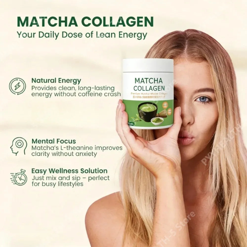 Matcha Collagen Powder 90g with Marine Collagen Green Tea Blend Daily Beauty Wellness Drink Mix for Hair Skin Nails Support