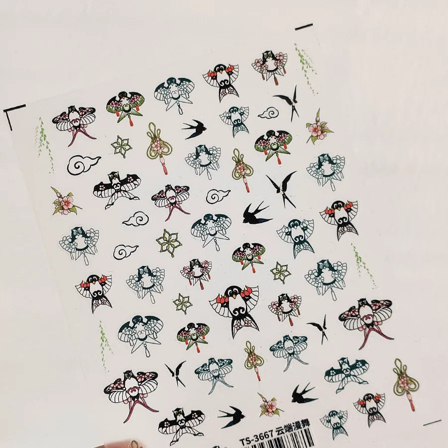Nail Stickers Women Chinese Style Kite Swallow Bird 5D Decorations Slider Self Adhesive Nail Art Ornament Decals Sccessories DIY