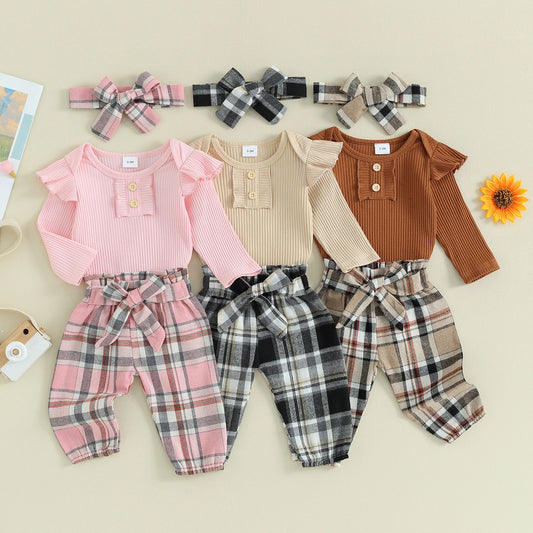 FOCUSNORM 3pcs Infant Baby Girls Fall Clothes Sets 0-18M Solid Color Buttons Long Sleeve Rompers Plaid Print Pants Headband
