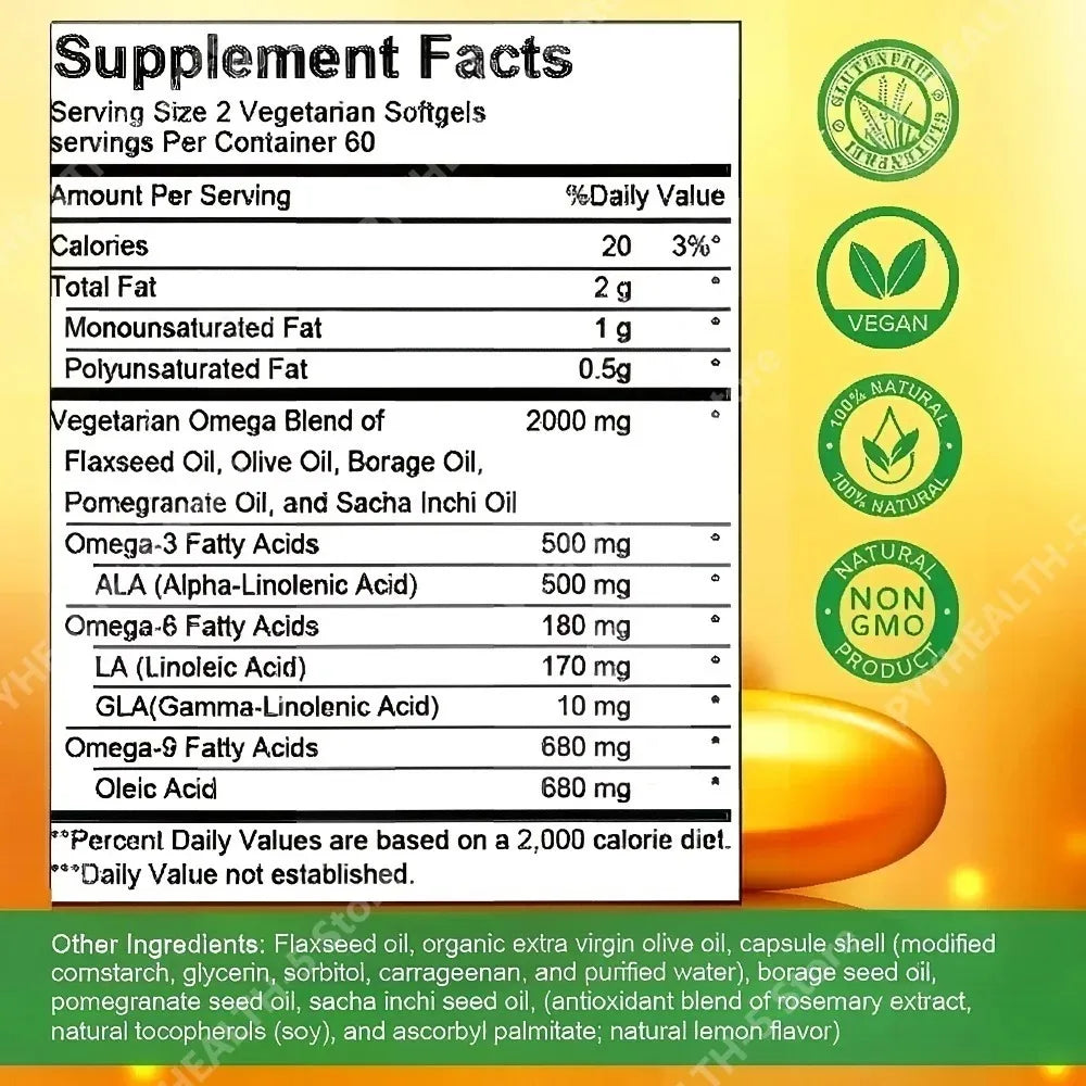 Plant-Based Omega 3-6-9 Softgels Natural Dietary Supplement Supports Skin, Eye & Overall Health 100% Vegan Sourced 120 Softgels