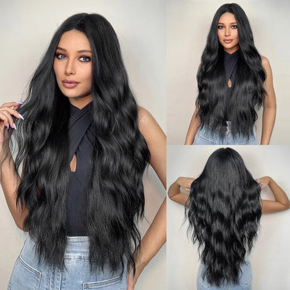 ALAN EATON Long Curly Wavy Synthetic Wigs for Women Brown to Blonde Ombre Hair Wig Ntural Middle Parted Party Wig Heat Resistant