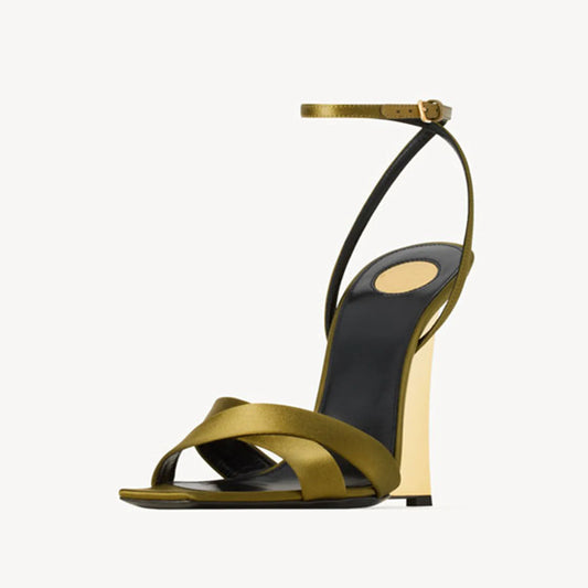 Arden Furtado 2025 Summer Satin Wedges Round Toe Belt buckle Super high heel Mixed Colors word-cingulate sandals large size