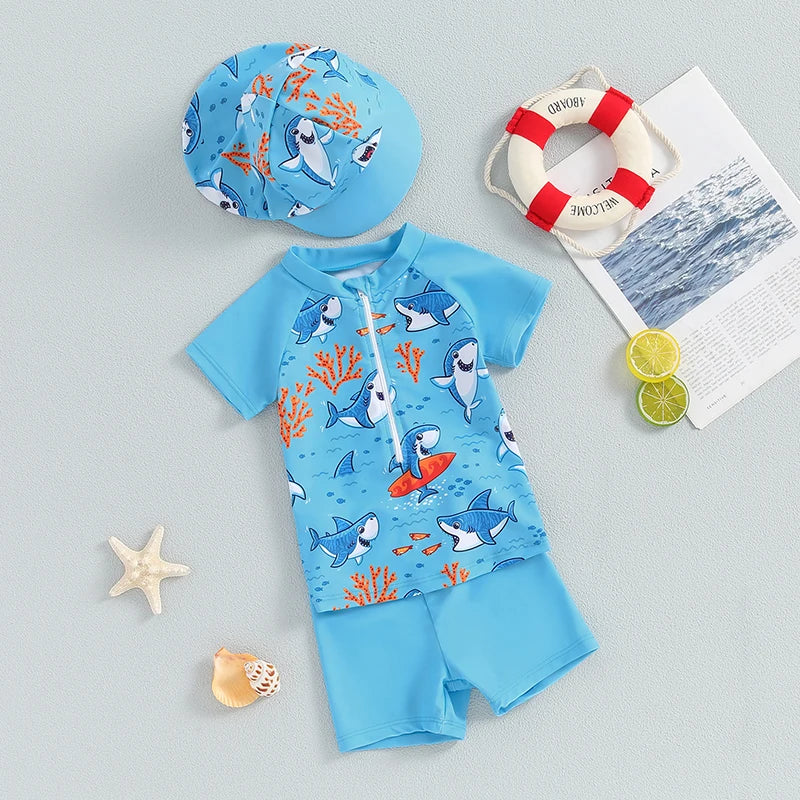 Toddler Baby Boys 3Pcs Swimsuits Rash Guard Beachwear Shark Print Long Sleeve Zip Up Tops+Swim Trunks with Cap Bathing Suit