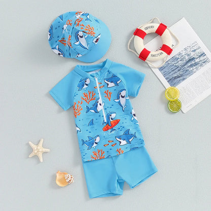 Toddler Baby Boys 3Pcs Swimsuits Rash Guard Beachwear Shark Print Long Sleeve Zip Up Tops+Swim Trunks with Cap Bathing Suit
