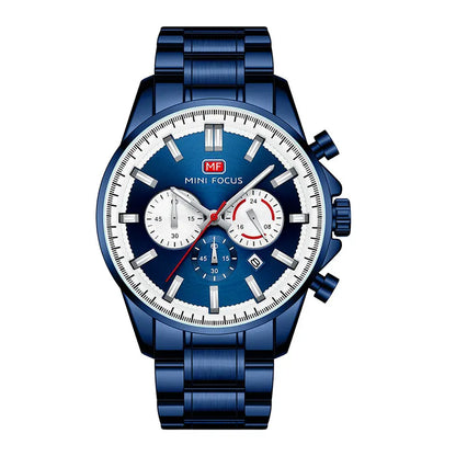 MINI FOCUS Chronograph Quartz Watch Men Silver Blue Waterproof Luminous Dress Wristwatch with Date Stainless Steel Strap 0469