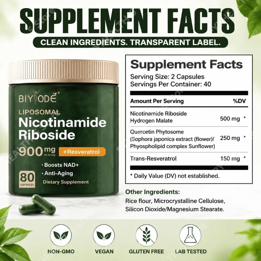 BIYODE Liposomal Nicotinamide Riboside Capsules with NAD+ Boost and Quercetin Phytosome and Trans-Resveratrol 80 Capsules
