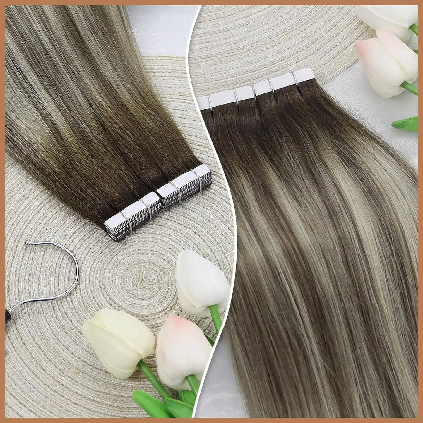 VeSunny Tape in Hair Extensions Human Hair Brown Balayage Cool Brown Fading to Ash Brown with Blonde Long Hair Extensions