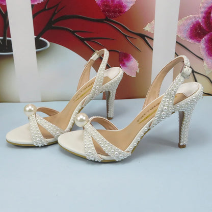 2024 New Arrival Customized White Female Sandals Bridal shoe bag set woman Thin Heel Big Pearl Girls fashion Sandals party Shoes