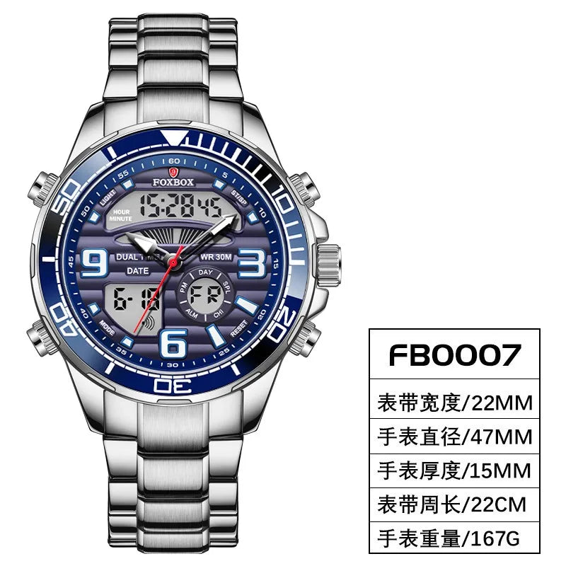 Luxury Man Watch LED Dual Display Luminous Calendar Week Mens Watch Waterproof Stainless Steel Chronograph Quartz Men Watches