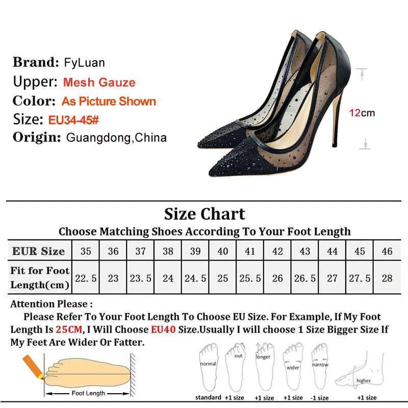 Breathable Mesh Rhinestone Shoes Women 8CM 10CM 12CM Stiletto Pumps Fashion Pointed Toe Summer Evening Party High Heels Black