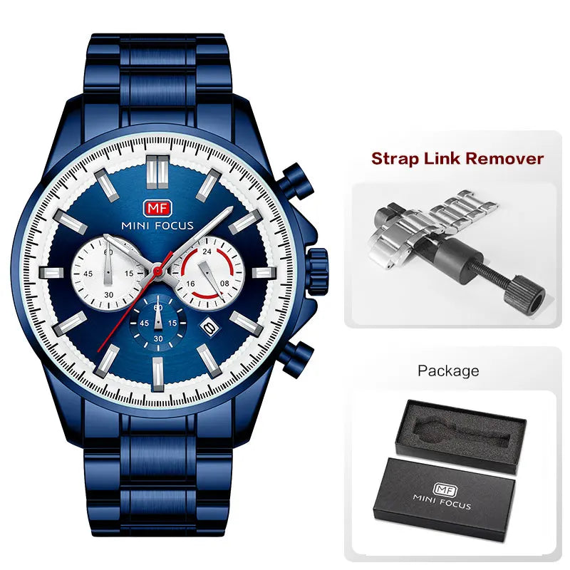 MINI FOCUS Chronograph Quartz Watch Men Silver Blue Waterproof Luminous Dress Wristwatch with Date Stainless Steel Strap 0469