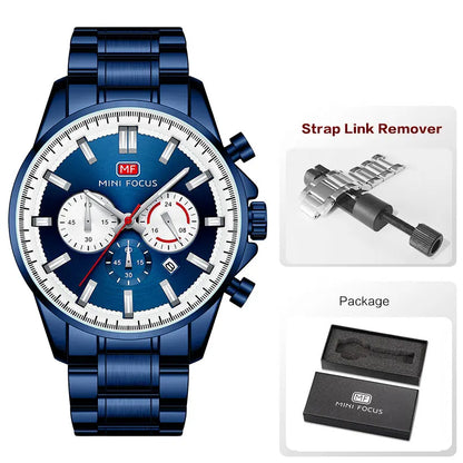 MINI FOCUS Chronograph Quartz Watch Men Silver Blue Waterproof Luminous Dress Wristwatch with Date Stainless Steel Strap 0469