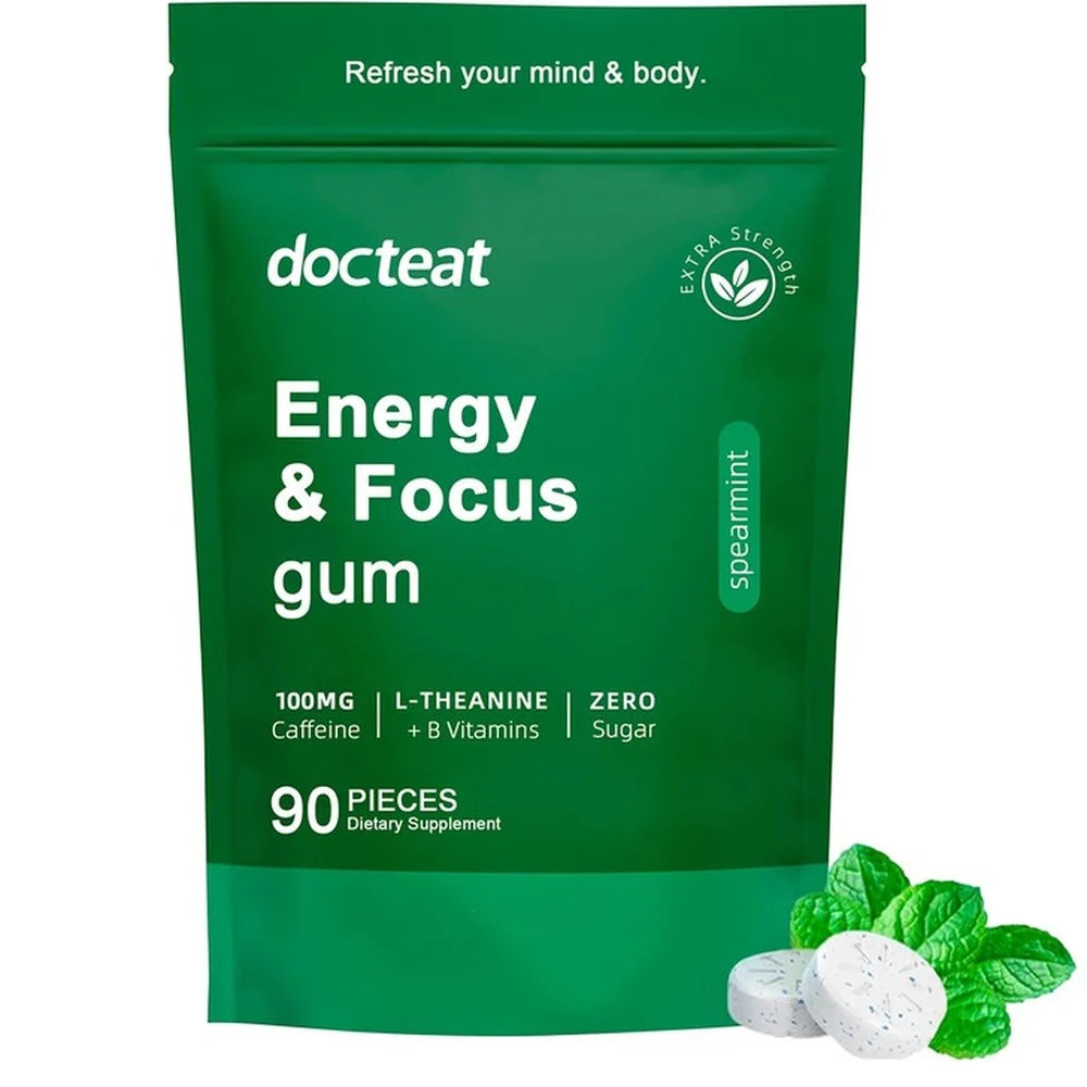 Docteat Energy & Focus Gum Chewable Tablets Zero Sugar with Green Coffee Extract, L-Theanine, Vitamin B6+B12 90 Chewable Tablets